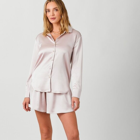 MYSTREE Mauve Satin Blouse – Long Sleeve Button Down Top Dressy Silky Shirt - Picture 3 of 4